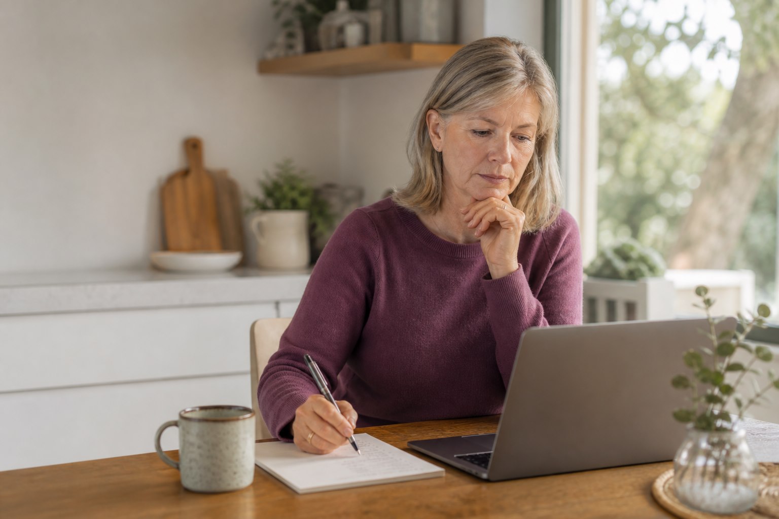 Woman over 50 comparing options on a laptop and making notes at home